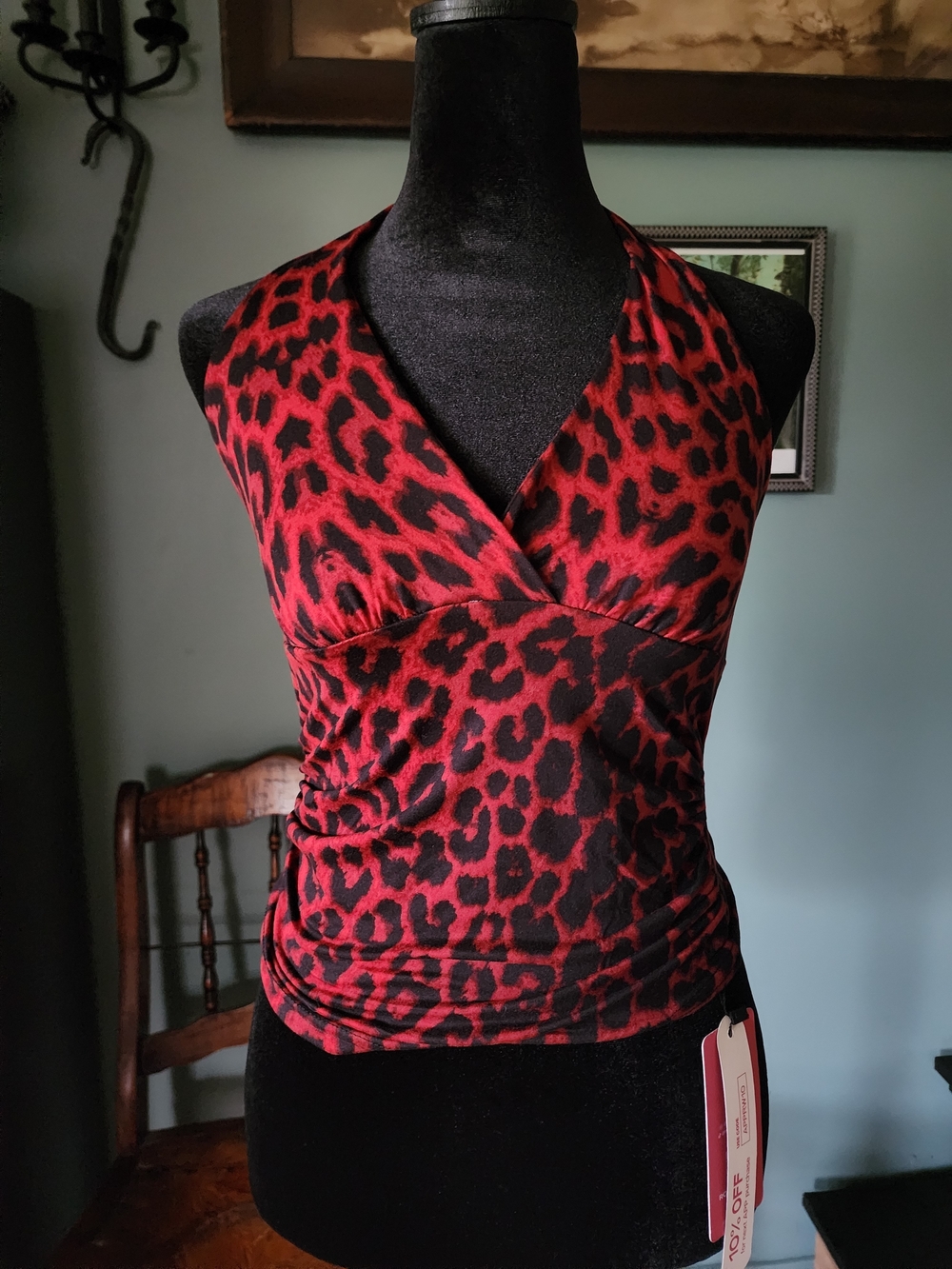 Red & Black Leopard Print Tie-Back Halter Top Y2K